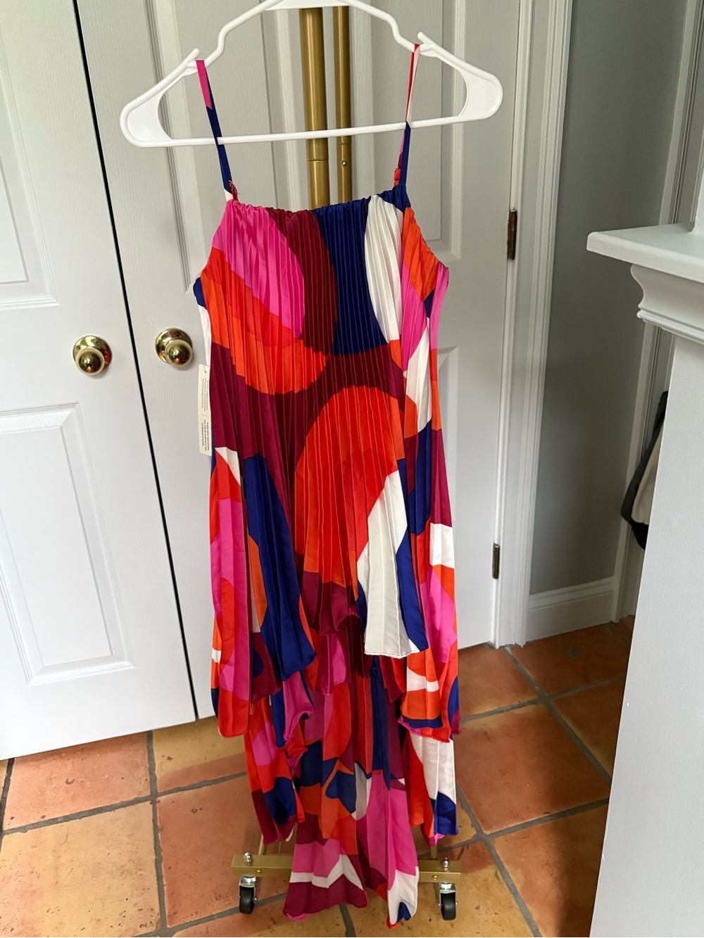 Anthropologie Pleated Spaghetti Strap Maxi Dress Vibrant Pink, Red, Blue & White